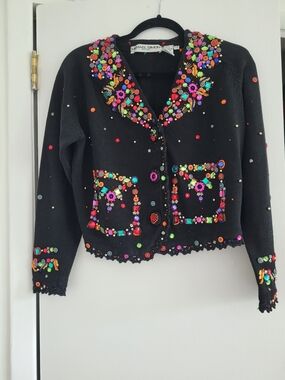 Michael Simon Artsy Black Cardigan with Multicolor Sequin & Bead Embellishments